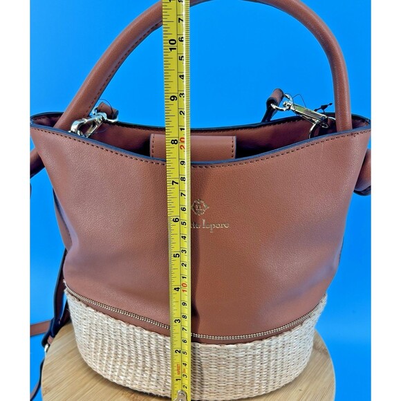 Nanette Lepore Reese Bucket Rattan Bottom Vegan Leather Bag Purse Brown/Tan - Picture 5 of 14